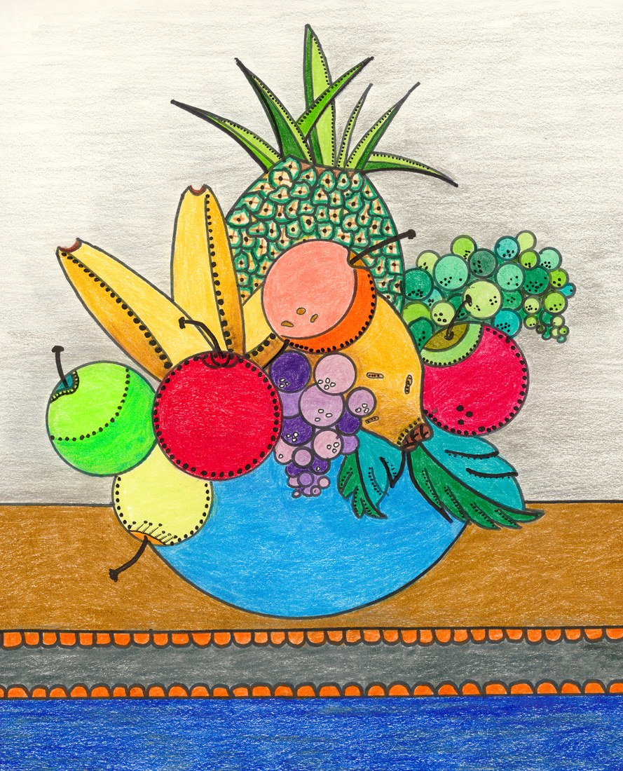 Happy Fruit: a blue bowl heaped with pineapple, bananas, apples, grapes and a peach, drawn in ink and colored pencil